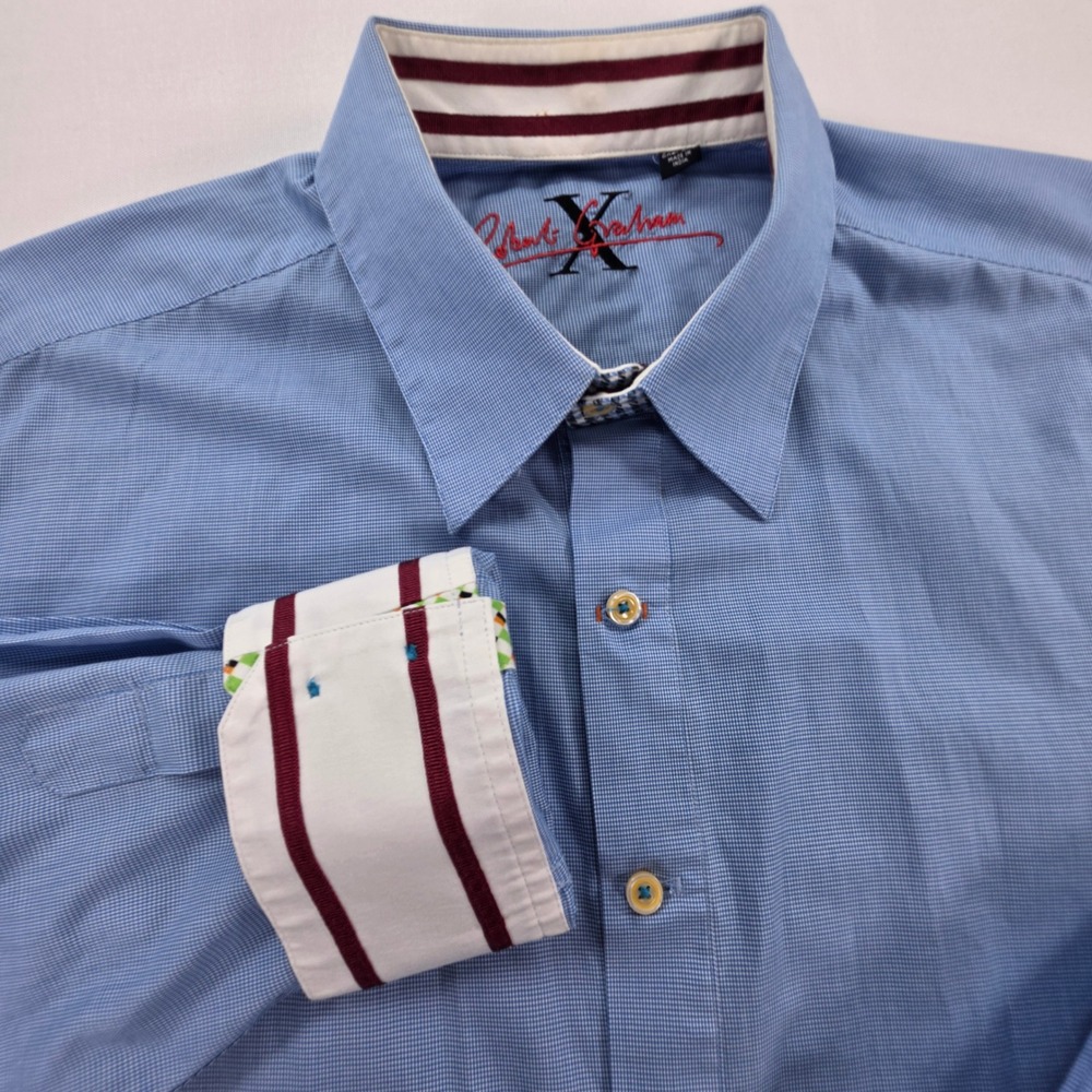 Robert Graham Mens 2XL Blue Micro Check Long Sleeve Button Down Shirt Cotton